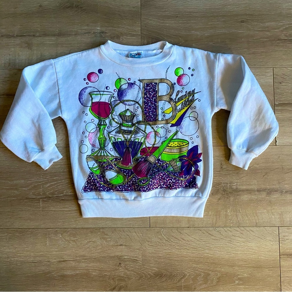Vintage sweater girls Blowing Bubbles pullover 1980s glam cute - Picture 1 of 6